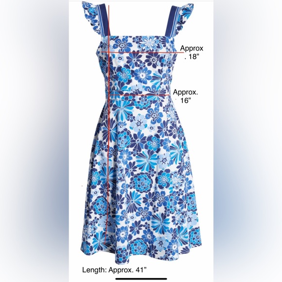 Tahari ASL Floral Ruffle Strap Blue White Casual Retro Open back Mini Midi Dress - Picture 10 of 11
